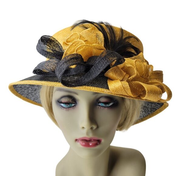 Beige and Black Twist Bow Knot Feathers Structured Sinamay Dress Hat Derby Hat - Picture 1 of 12